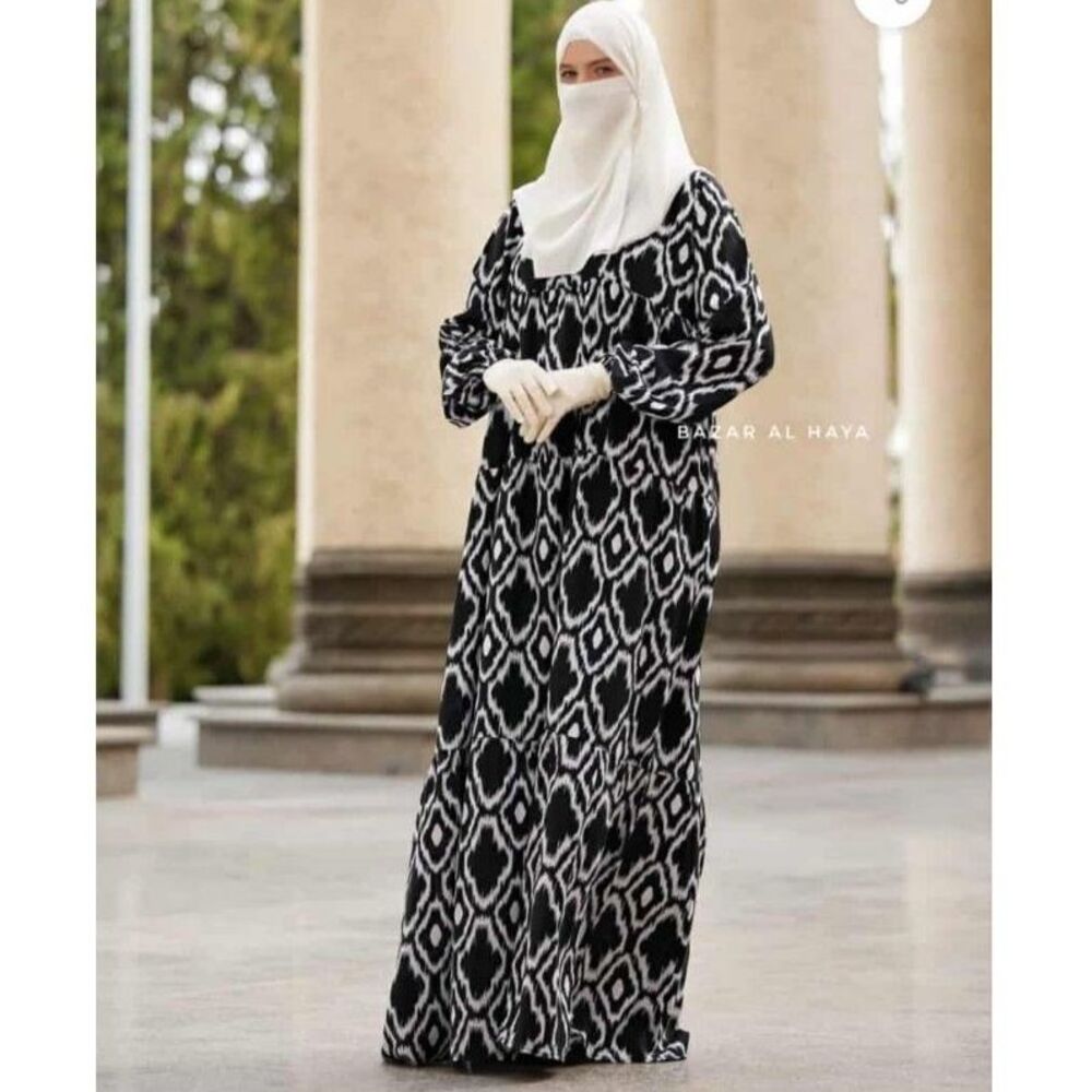 Bazar Al Haya Sadia White Black Print Maxi Dress Modest Abaya Size L NWT